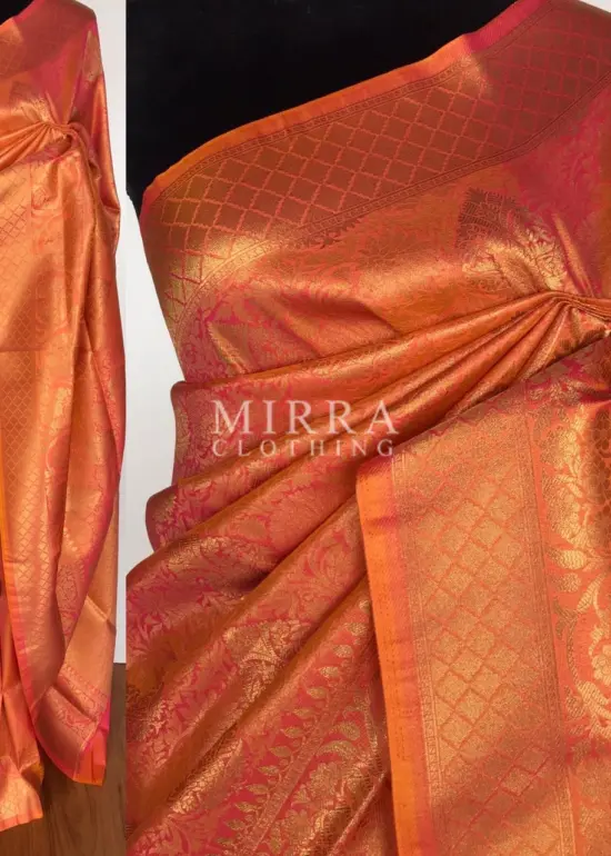 Coral Peach Banarasi Silk Saree with gold zari weaves