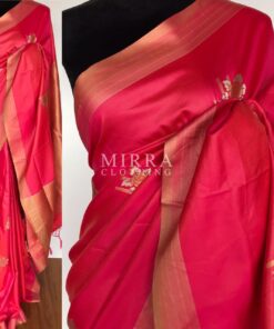 Coral Red Banarasi Silk Saree with Gold and Silver Zari Weave