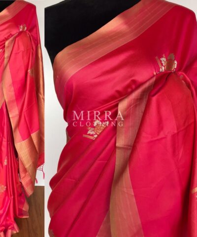 Coral Red Banarasi Silk Saree with Gold and Silver Zari Weave