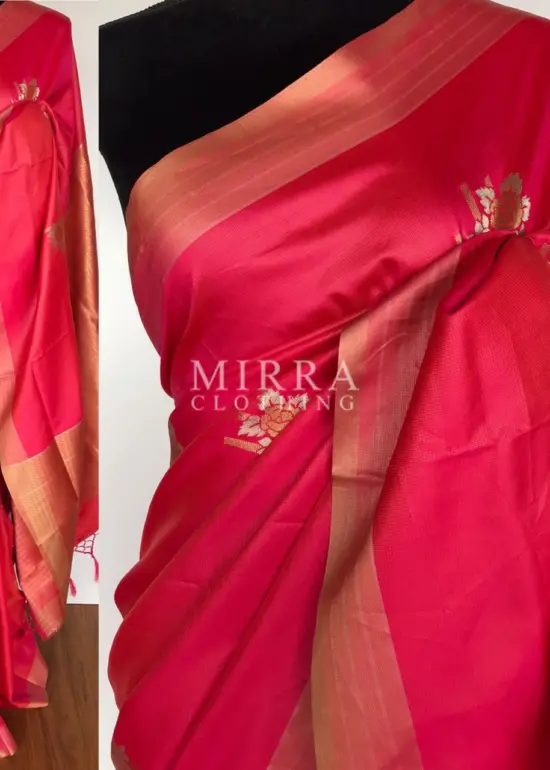 Coral Red Banarasi Silk Saree with Gold and Silver Zari Weave