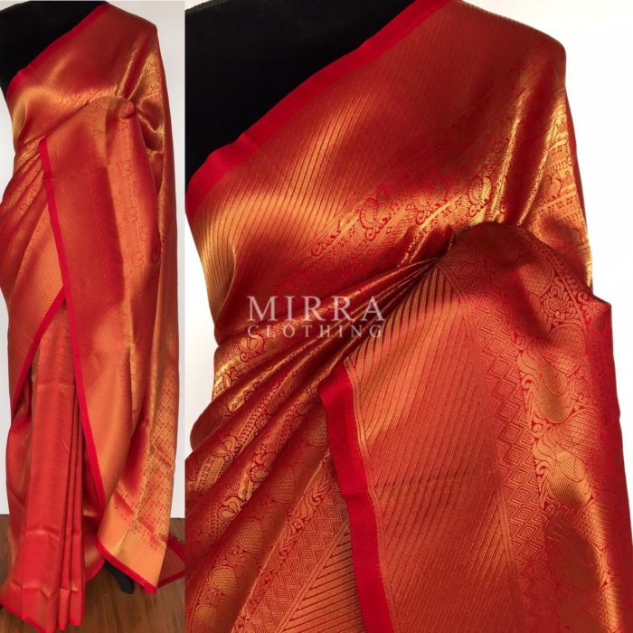 Chilli Red Banarasi Silk Saree with Gold Zari Weaves