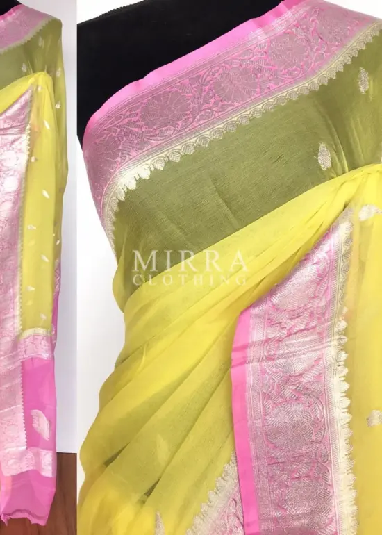 Pastel Yellow Pure Khaddi Banarasi Silk Saree in Chiffon woven in Silver Zari