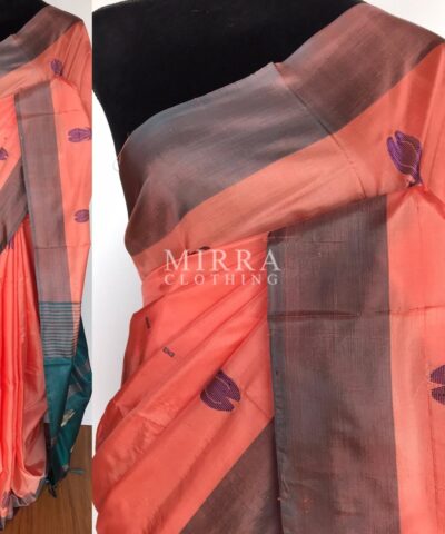 Coral Peach Chinnalapattu Silk Saree with Handwoven Buttas