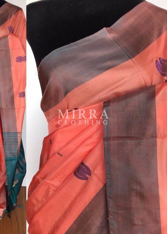 Coral Peach Chinnalapattu Silk Saree with Handwoven Buttas
