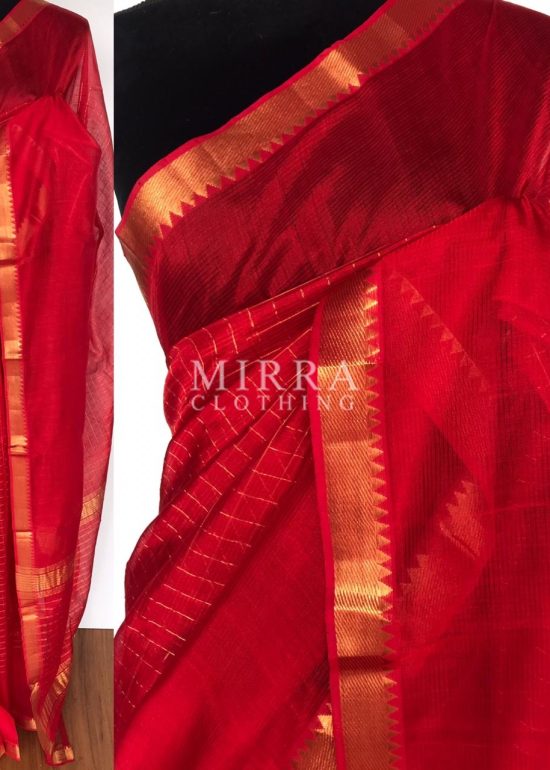 Scarlet Red Mangalagiri Silk Saree with gold zari checks