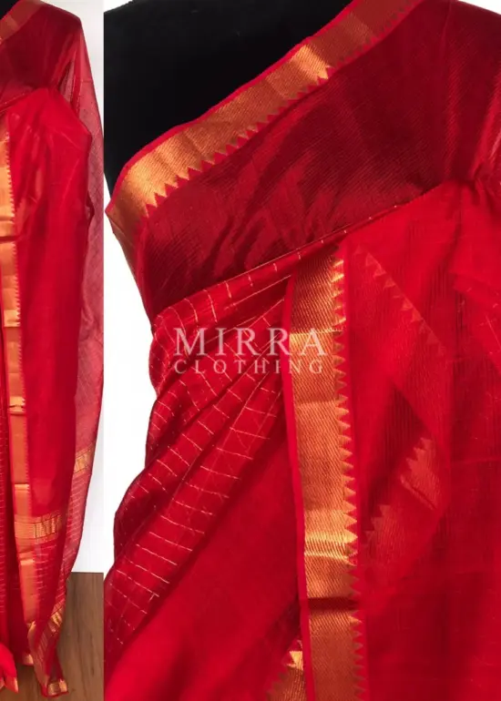 Scarlet Red Mangalagiri Silk Saree with gold zari checks
