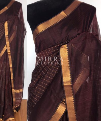 Coffee Brown Mangalagiri Silk Saree with gold zari checks