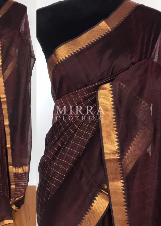 Coffee Brown Mangalagiri Silk Saree with gold zari checks