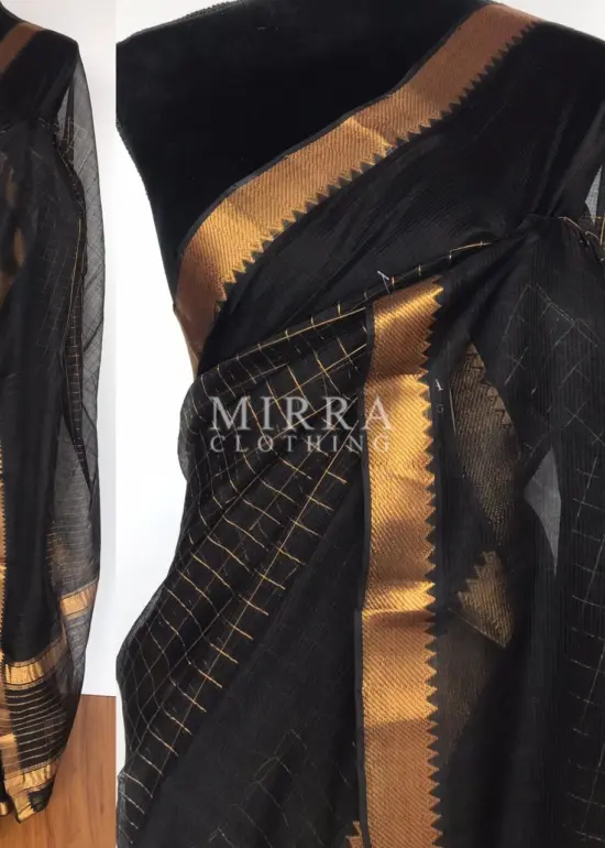 Black Mangalagiri Silk Saree with gold zari checks