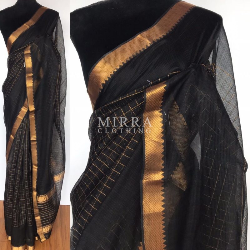 Black Mangalagiri Silk Saree with gold zari checks