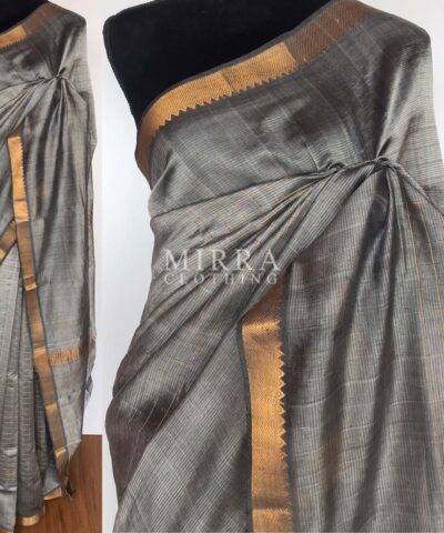 Grey Mangalagiri Silk Saree with gold zari checks