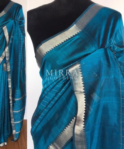 Ocean Blue Mangalagiri Silk Saree with Silver Zari Checks
