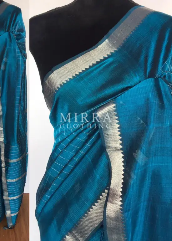 Ocean Blue Mangalagiri Silk Saree with Silver Zari Checks