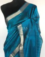 Ocean Blue Mangalagiri Silk Saree with Silver Zari Checks - Image 3
