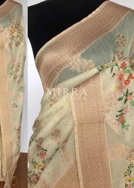 Cream Linen Silk Saree with Beautiful Prints along with Antique Zari Border