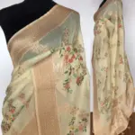 Cream Linen Silk Saree with Beautiful Prints along with Antique Zari Border - Image 2