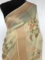 Cream Linen Silk Saree with Beautiful Prints along with Antique Zari Border - Image 3