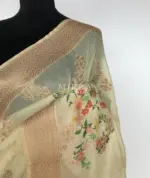 Cream Linen Silk Saree with Beautiful Prints along with Antique Zari Border - Image 7