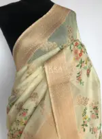 Cream Linen Silk Saree with Beautiful Prints along with Antique Zari Border - Image 4