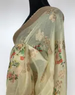 Cream Linen Silk Saree with Beautiful Prints along with Antique Zari Border - Image 6
