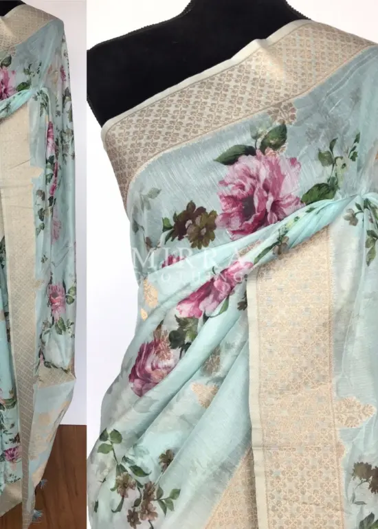 Baby Blue Linen Silk Saree with Beautiful Prints along with Antique Zari Border