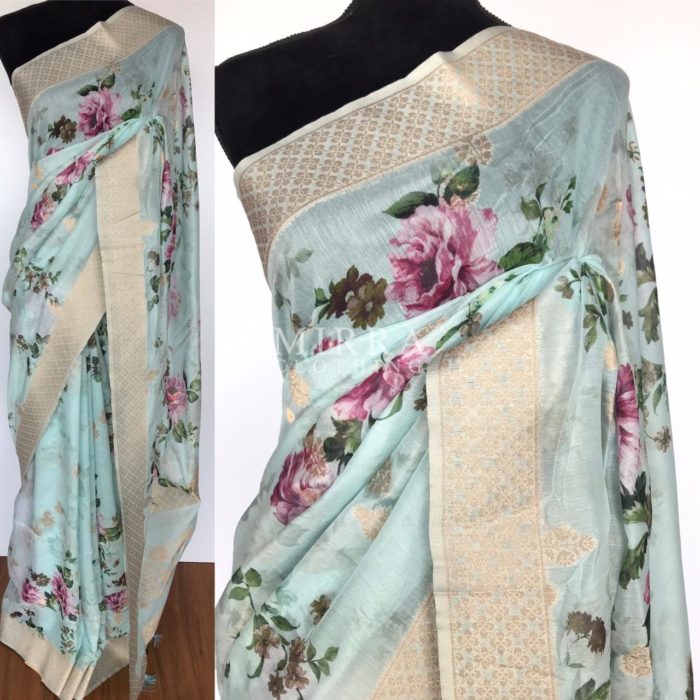 Baby Blue Linen Silk Saree with Beautiful Prints along with Antique Zari Border