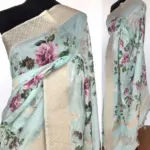 Baby Blue Linen Silk Saree with Beautiful Prints along with Antique Zari Border - Image 2