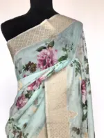 Baby Blue Linen Silk Saree with Beautiful Prints along with Antique Zari Border - Image 3