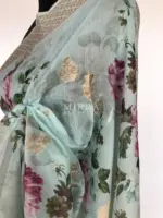 Baby Blue Linen Silk Saree with Beautiful Prints along with Antique Zari Border - Image 6