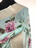 Baby Blue Linen Silk Saree with Beautiful Prints along with Antique Zari Border - Image 5