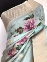 Baby Blue Linen Silk Saree with Beautiful Prints along with Antique Zari Border - Image 4