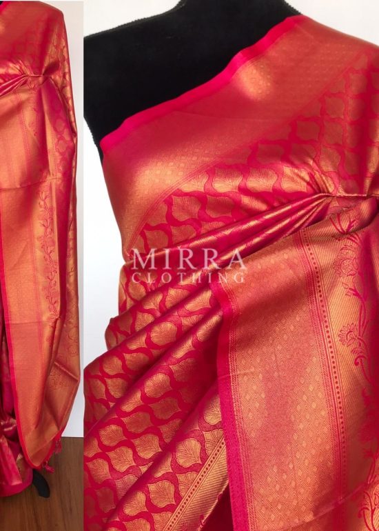 Hot Pink Banarasi Silk Saree with Gold Zari Weaves