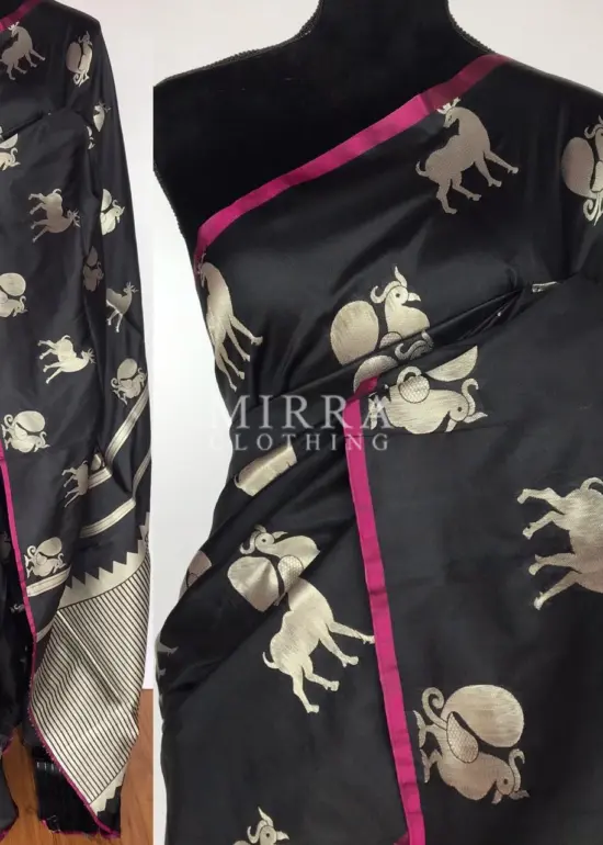 Black Banarasi Silk Saree with Silver Zari Motifs