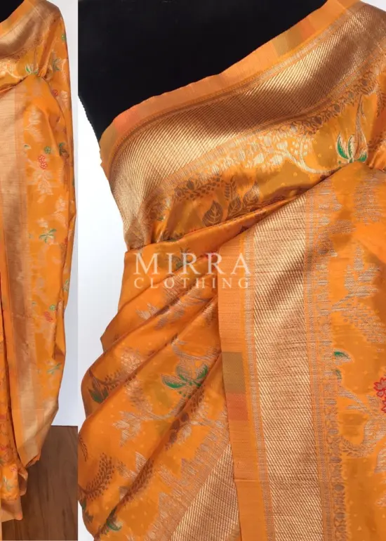 Mustard Banarasi Silk Saree with Gold Zari Weaves