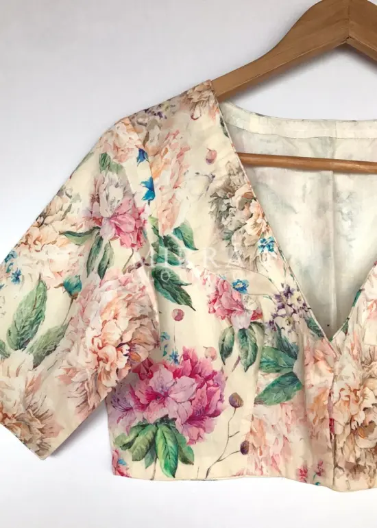 Offwhite Rayon Blouse with Floral Prints