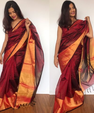 Maroon ﻿Pure Handloom Mangalagiri Silk Saree