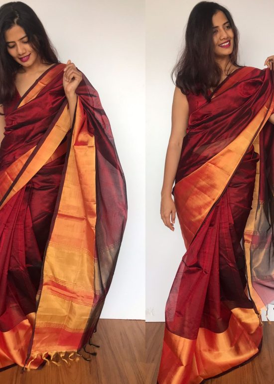 Maroon ﻿Pure Handloom Mangalagiri Silk Saree