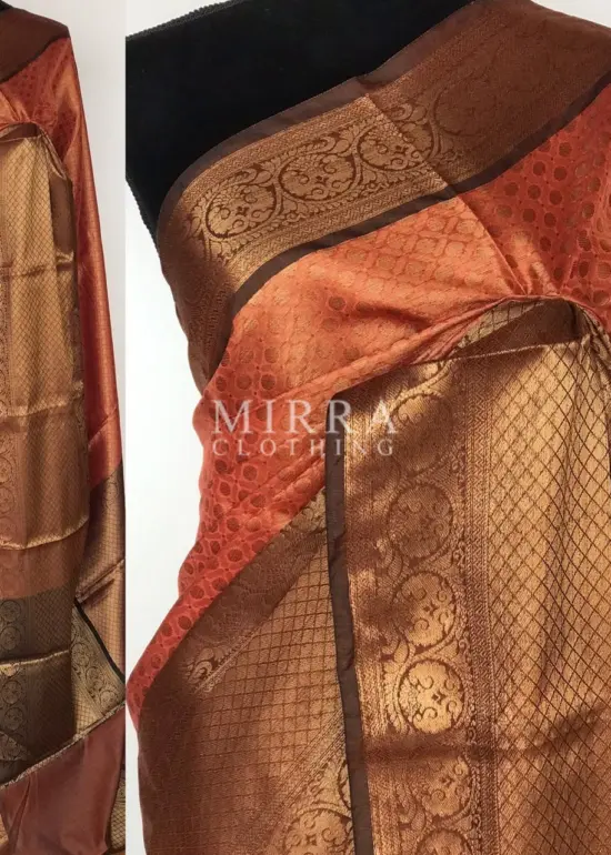 Brick Red Kora Silk Saree with Gold Zari Weaves
