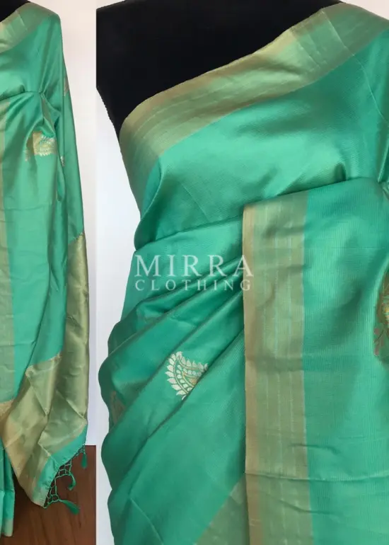 Mint Green Banarasi Silk Saree with Gold and Silver Zari Weaves