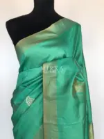 Mint Green Banarasi Silk Saree with Gold and Silver Zari Weaves - Image 3