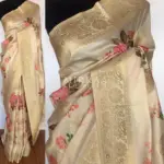 Offwhite Banarasi Silk Saree with Beautiful Floral Prints