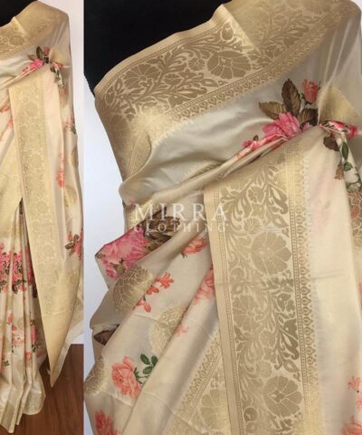 Offwhite Banarasi Silk Saree with Beautiful Floral Prints