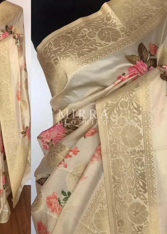 Offwhite Banarasi Silk Saree with Beautiful Floral Prints