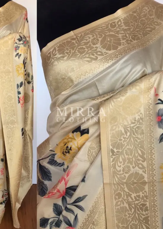 Offwhite Banarasi Silk Saree with Floral Prints