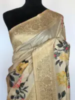 Offwhite Banarasi Silk Saree with Floral Prints - Image 3