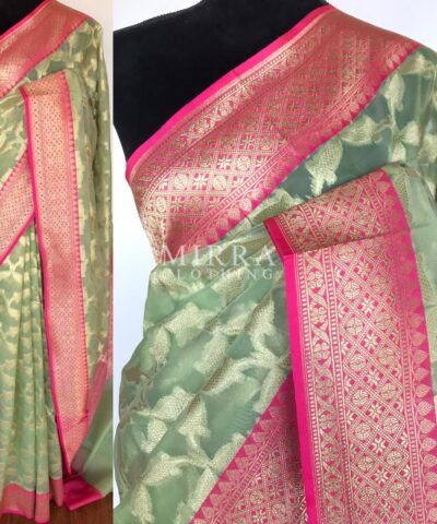 Sea Green Kora Silk Saree with Zari Weaves