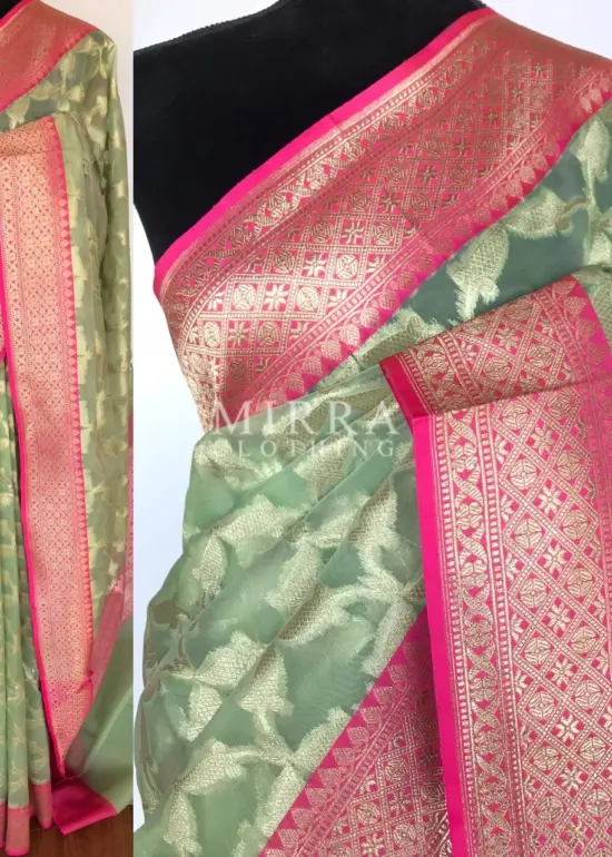 Sea Green Kora Silk Saree with Zari Weaves