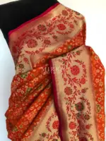 Copper Orange Banarasi Silk Saree adorned with Beautiful Patola Weaves - Image 4