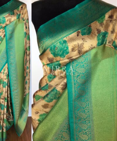 Offwhite Banarasi Silk Saree with Floral Prints and Antique Zari Weaves