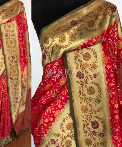 Scarlet Red Banarasi Silk Saree adorned with Beautiful Patola Weaves
